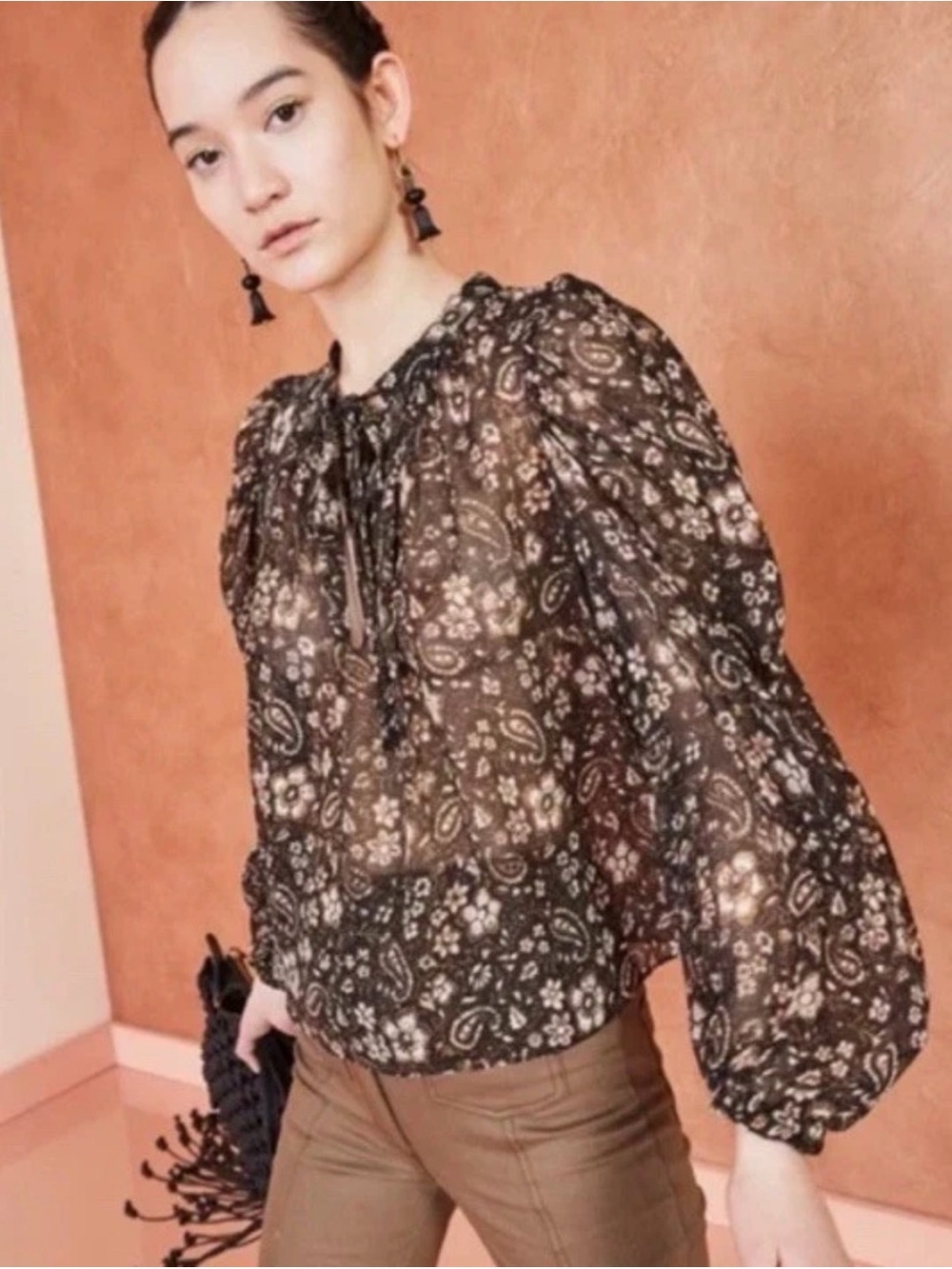 Ulla Johnson Black Floral Paisley Puff Sleeve Blouse Silk Renly